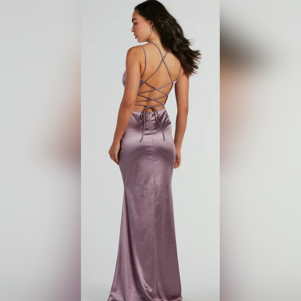 NWT Windsor Melani Sleeveless Lace-Up Glitter Satin Formal Dr Sz. XS #1326 - Picture 2 of 9
